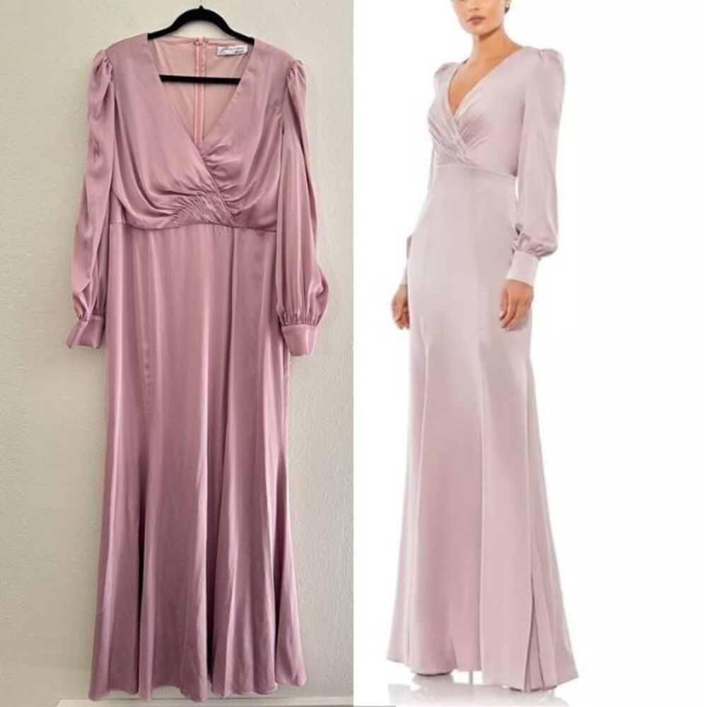 Mac Duggal Ieena Women's Satin Ruched Bishop Sleeve Gown Rose Pink Women's 16